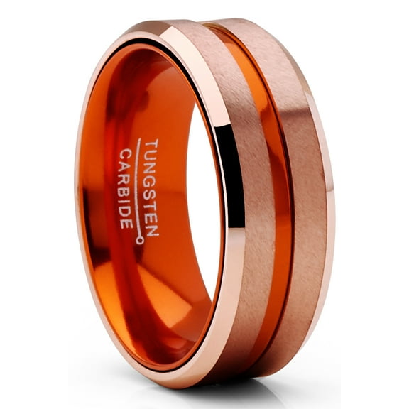 Metal Masters Mens Tungsten Carbide Ring Wedding Band Rose Goldtone Orange Interior Comfort-Fit 8mm Unisex