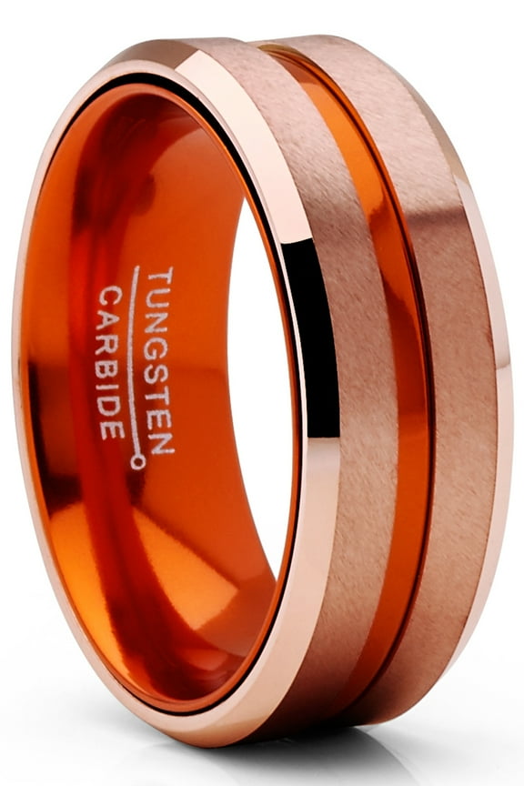 Mens Tungsten Carbide Ring Wedding Band Rose Goldtone Orange Interior Comfort-Fit 8mm Unisex