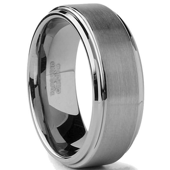 Metal Masters Tungsten Mens Wedding Band 8mm Brushed Finish High-Polish Silvertone Comfort-Fit Beveled Edges