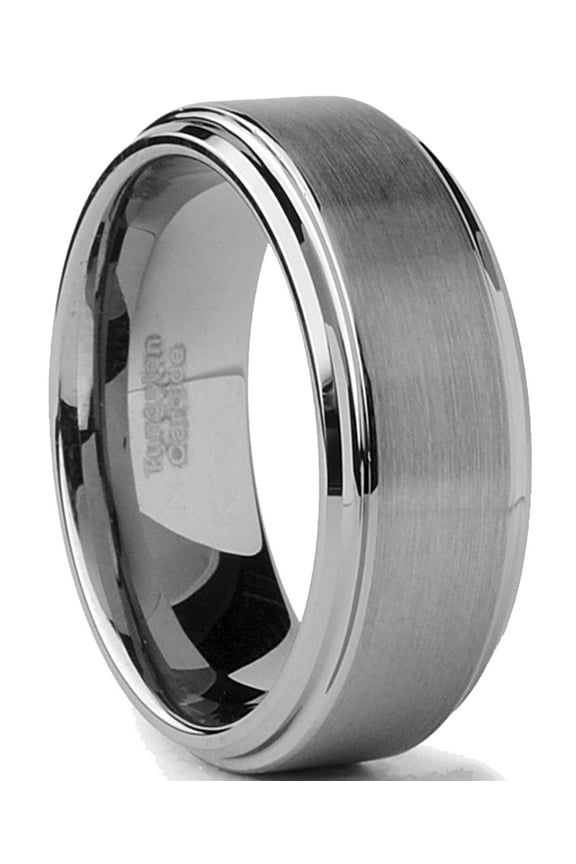 Tungsten Mens Wedding Band 8mm Brushed Finish High-Polish Silvertone Comfort-Fit Beveled Edges
