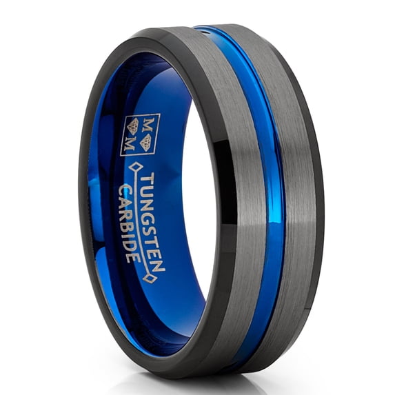 Metal Masters Tungsten Wedding Band Grooved Ring 8mm for Mens Blue Black Gunmetal 11.5