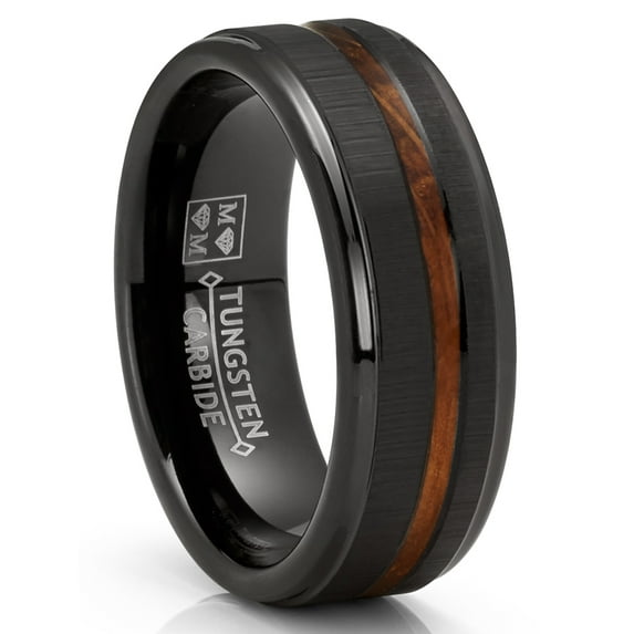 Metal Masters Mens Whiskey Barrel Oakwood Horizontal Brushed Tungsten Carbide Ring Wedding Band Black Inlay 8mm