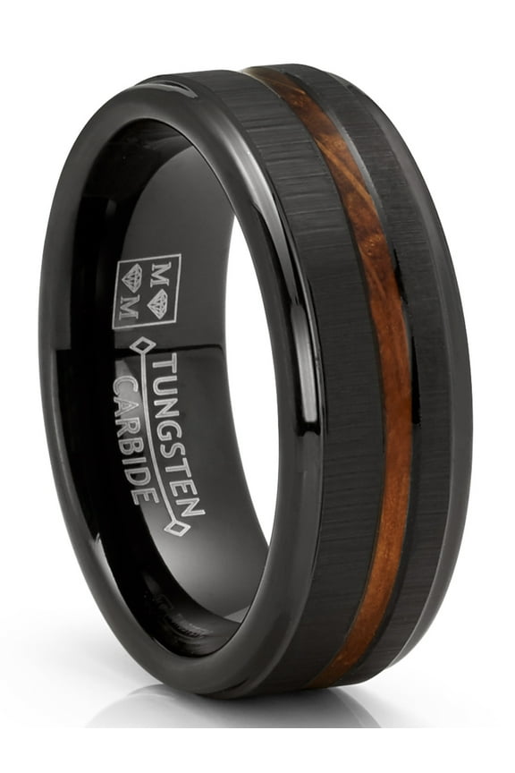 Mens Whiskey Barrel Oakwood Horizontal Brushed Tungsten Carbide Ring Wedding Band Black Inlay 8mm