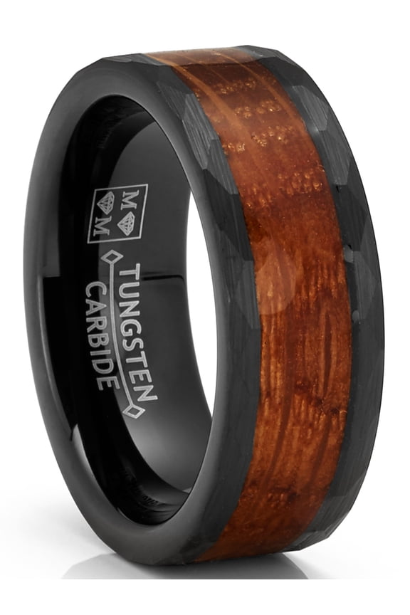 Mens Whiskey Barrel Oakwood Tungsten Carbide Ring Wedding Band Black Inlay 8mm