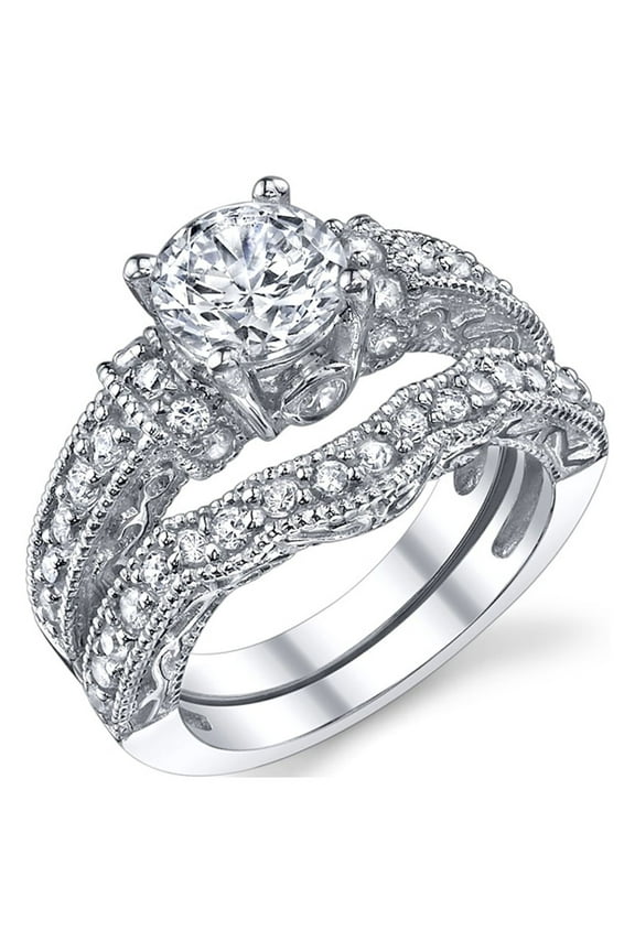 Womens 1.25Ct Solid Sterling Silver Wedding Engagement Ring Set Bridal Ring Cubic Zirconia