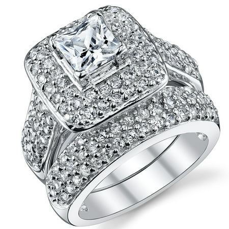 Metal Masters Double Halo Engagement Ring Bridal Set Sterling Silver 925 1Ct. Princess-Cut Cubic Zirconia