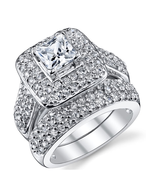 Double Halo Engagement Ring Bridal Set Sterling Silver 925 1Ct. Princess-Cut Cubic Zirconia