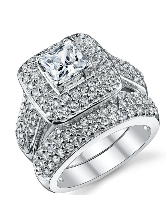 Metal Masters Women's 1 Carat Princess Cut Cubic Zirconia Sterling Silver 925 Wedding Engagement Ring Set 6
