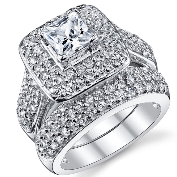 Metal Masters Double Halo Engagement Ring Bridal Set Sterling Silver 925 1Ct. Princess-Cut Cubic Zirconia