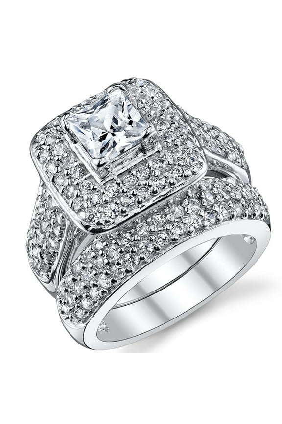 Womens 1Ct. Sterling Silver 925 Princess-cut Double Halo Cubic Zirconia Wedding Engagement Ring Set
