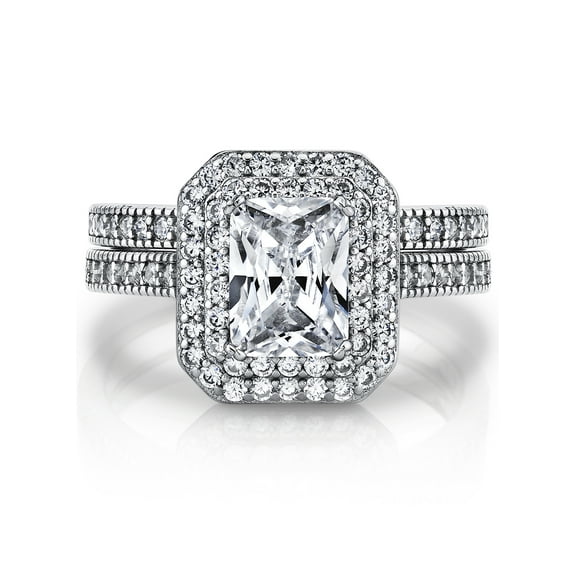 Metal Masters Womens 2Ct. Emerald-cut Sterling Silver 925 Double Halo CZ Wedding Engagement Ring Bridal Set