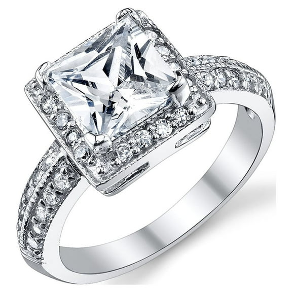 Metal Masters Women's 2 Carat Princess-Cut Halo Cubic Zirconia Sterling Silver 925 Wedding Engagement Ring
