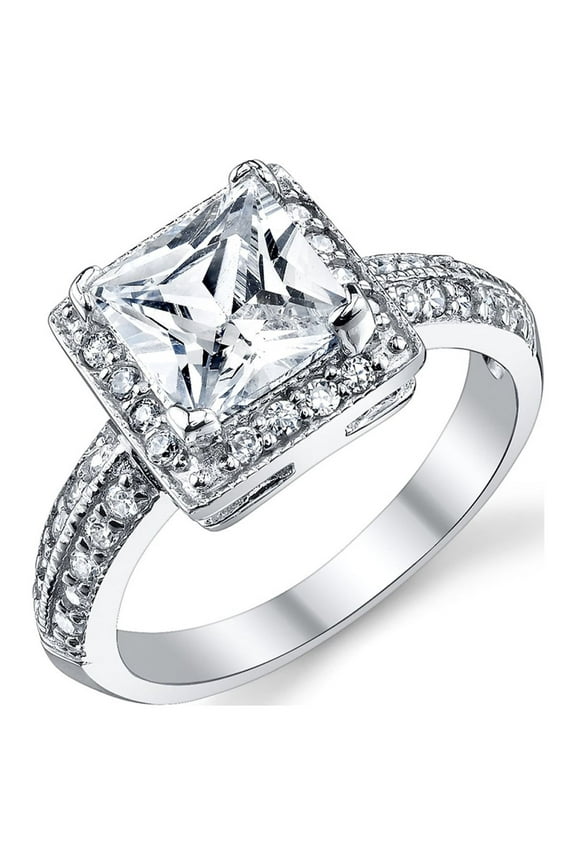 Women's 2 Carat Princess-Cut Halo Cubic Zirconia Sterling Silver 925 Wedding Engagement Ring