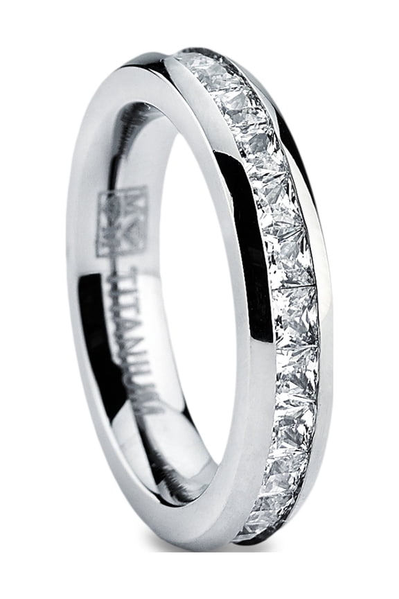 Womens 3mm High-Polish Princess Cut Ladies Eternity Titanium Ring Wedding Cubic Zirconia