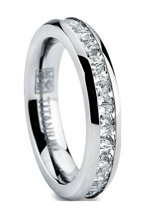 Womens 3mm High-Polish Princess Cut Ladies Eternity Titanium Ring Wedding Cubic Zirconia