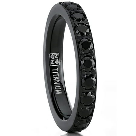 Metal Masters Womens 3mm Ladies Black Titanium Eternity Engagement Band Wedding Ring Black Pave-Set Cubic Zirconia 7.5