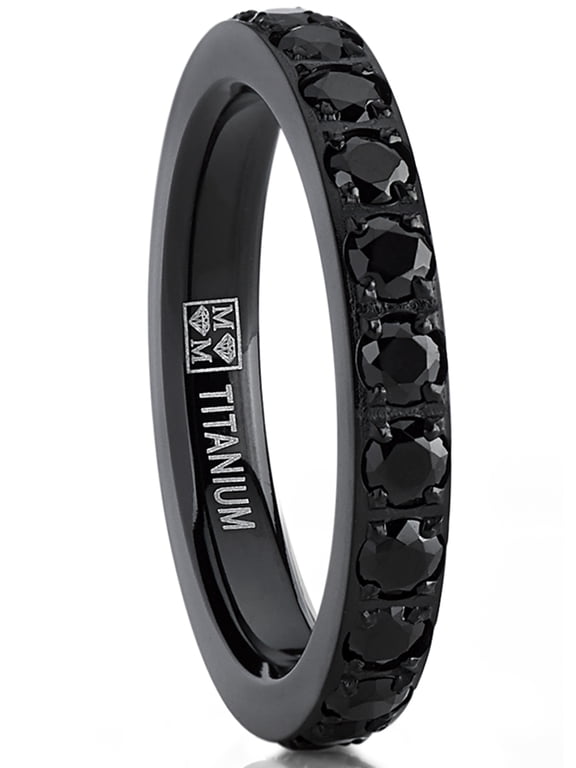 Womens Black Titanium Eternity Engagement Band Wedding Ring Black Pave-Set 1.3Ct. Cubic Zirconia 3MM