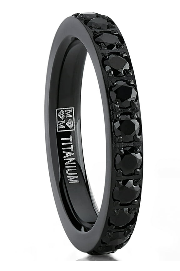 Womens 3mm Ladies Black Titanium Eternity Engagement Band Wedding Ring Black Pave-Set Cubic Zirconia