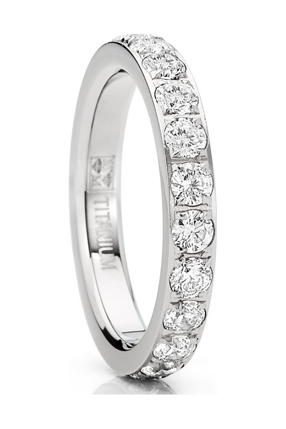Womens 3mm Ladies Titanium Eternity Engagement Band Wedding Ring Pave-Set Cubic Zirconia