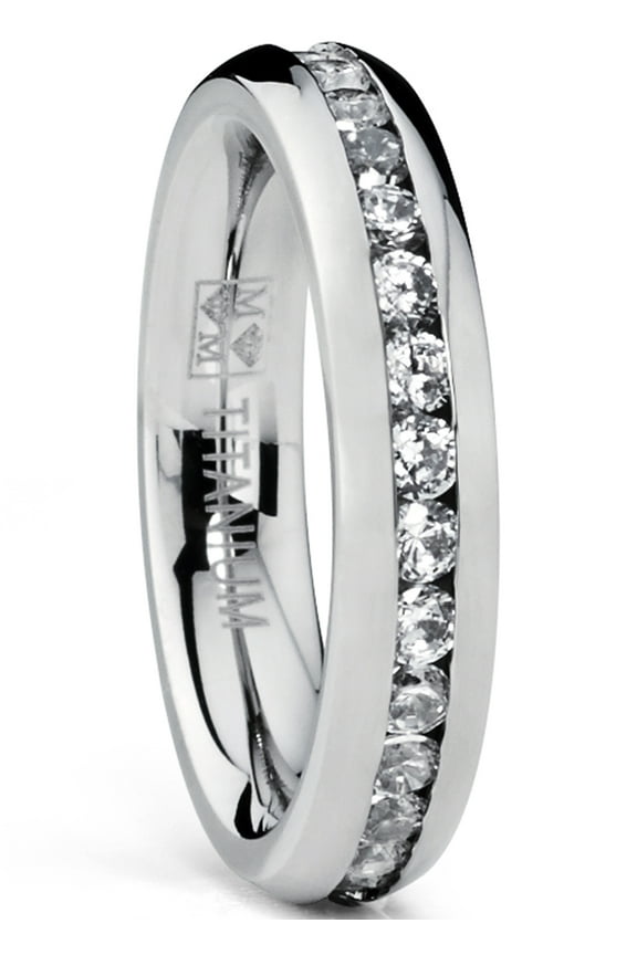 Womens 4mm High-Polish Ladies Eternity Titanium Ring Wedding Cubic Zirconia