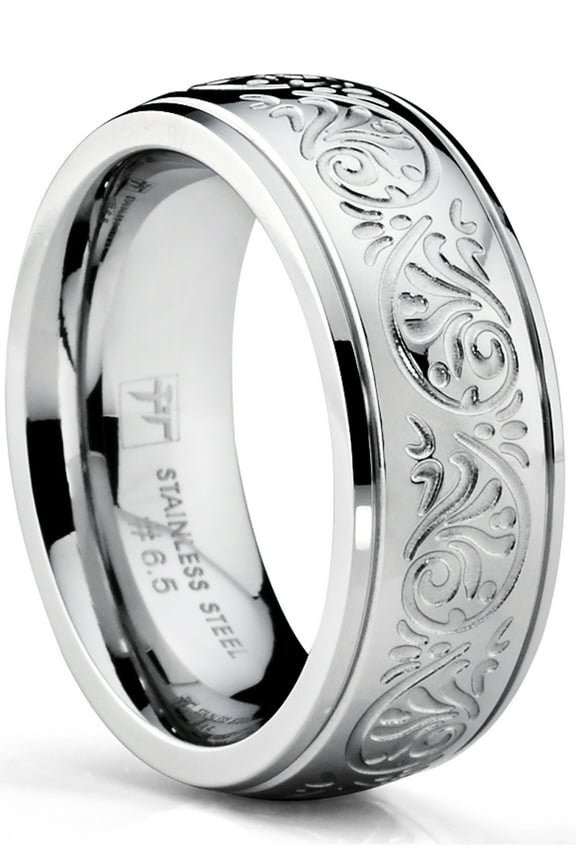 Womens 7mm Stainless Steel Ring Engraved Florentine Design