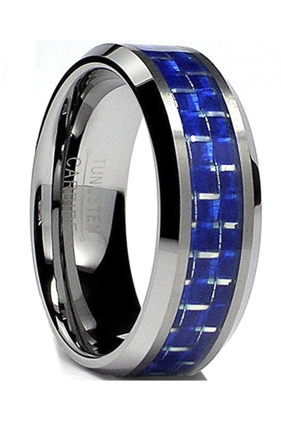 Womens 8mm Flat Top Tungsten Carbide Ring Wedding Blue Carbon Fiber Inlay
