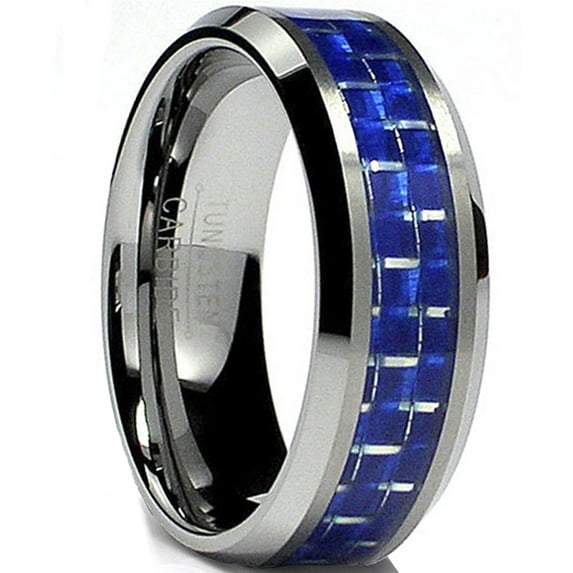 Metal Masters Womens 8mm Flat Top Tungsten Carbide Ring Wedding Blue Carbon Fiber Inlay