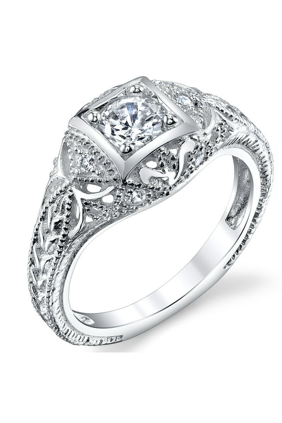 Womens Carved Sterling Silver Vintage Cubic Zirconia Bridal Engagement Ring