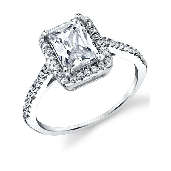 Metal Masters Womens Sterling Silver 925 1ct. Engagement Wedding Ring Radiant-Cut Cubic Zirconia Halo