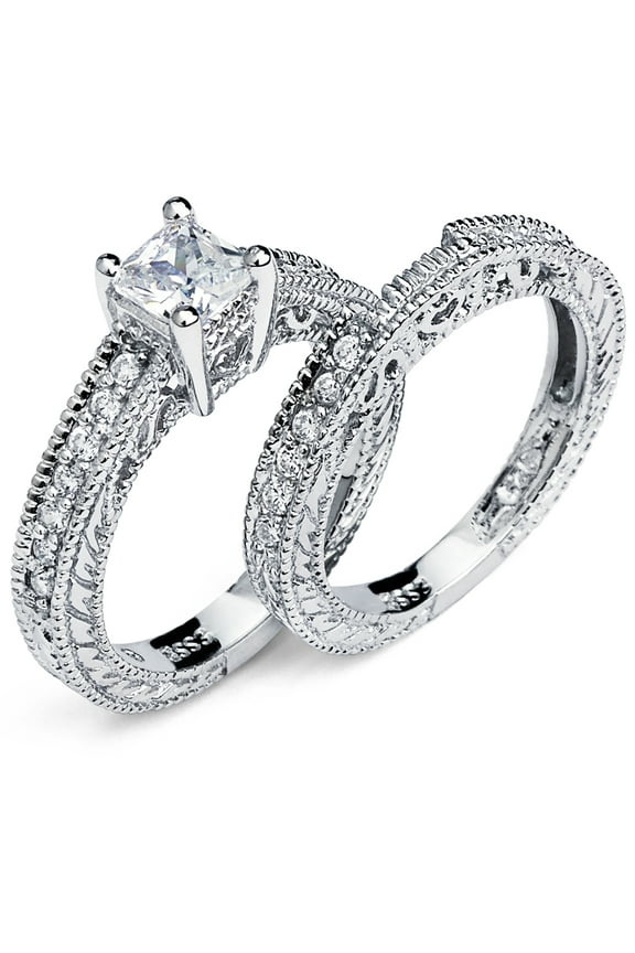 Womens Sterling Silver 925 .75Ct Princess Cut Carved Bridal Set Engagement Ring Wedding Cubic Zirconia