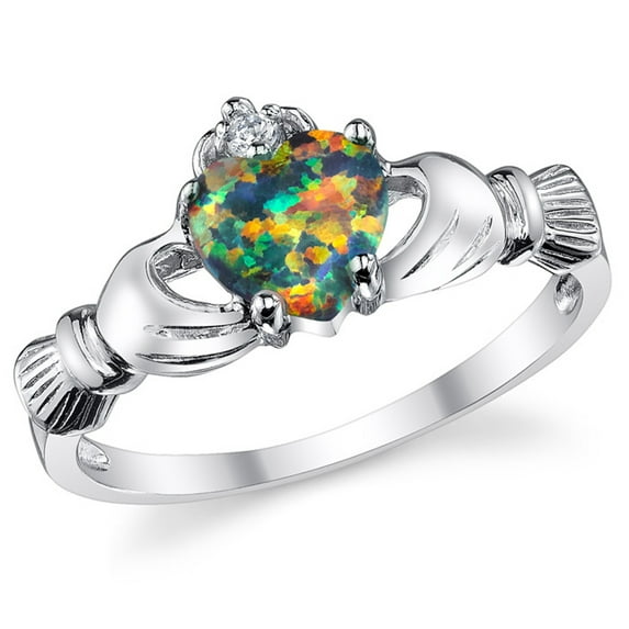 Metal Masters Womens Sterling Silver 925 Irish Claddagh Friendship Love Ring Rainbow Simulated Opal Heart 5