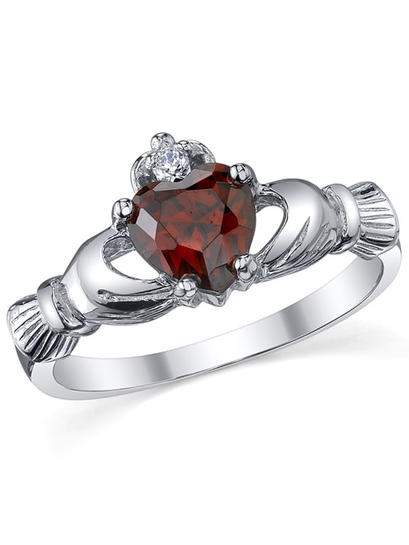 Womens Sterling Silver 925 Irish Claddagh Friendship Love Simulated Garnet Red Heart Cubic Zirconia Ring 5