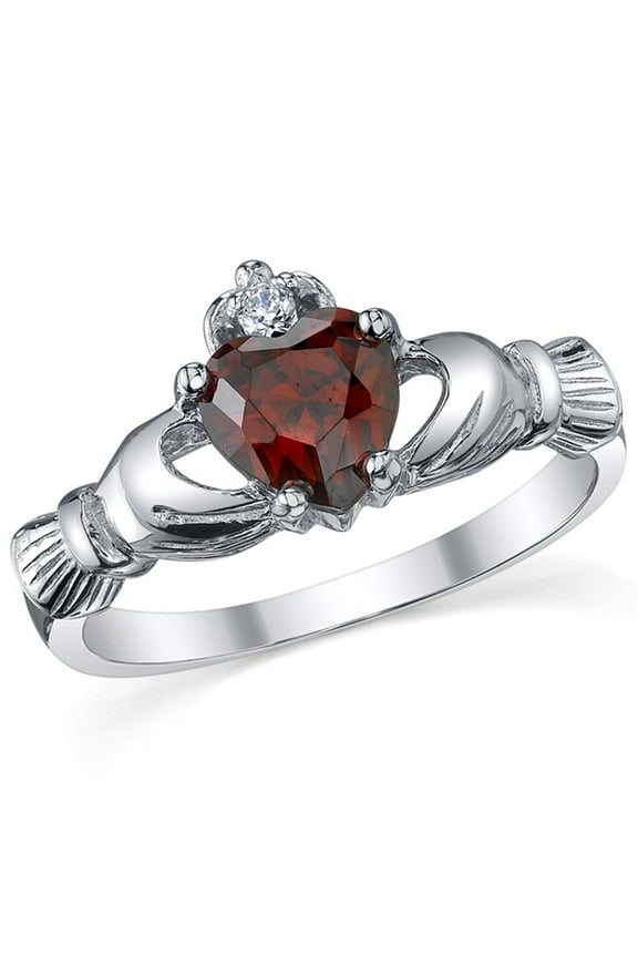 Womens Sterling Silver 925 Irish Claddagh Friendship Love Simulated Garnet Red Heart Cubic Zirconia Ring 5