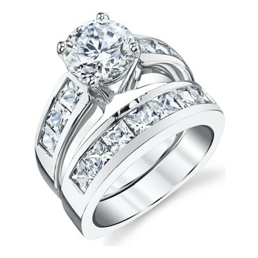 Metal Masters Womens Sterling Silver Bridal Set 2ct. Engagement Wedding Ring Round Princess-Cut Cubic Zirconia