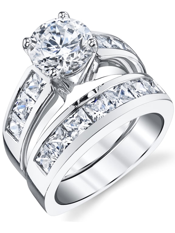 Womens Bridal Set 3.35ct. Engagement Wedding Ring Round Princess-Cut Sterling Silver 925 Cubic Zirconia