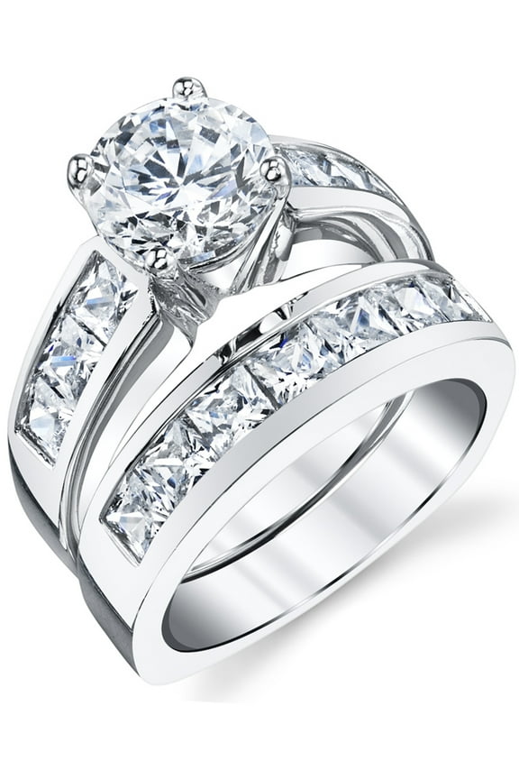 Womens Sterling Silver Bridal Set 2ct. Engagement Wedding Ring Round Princess-Cut Cubic Zirconia