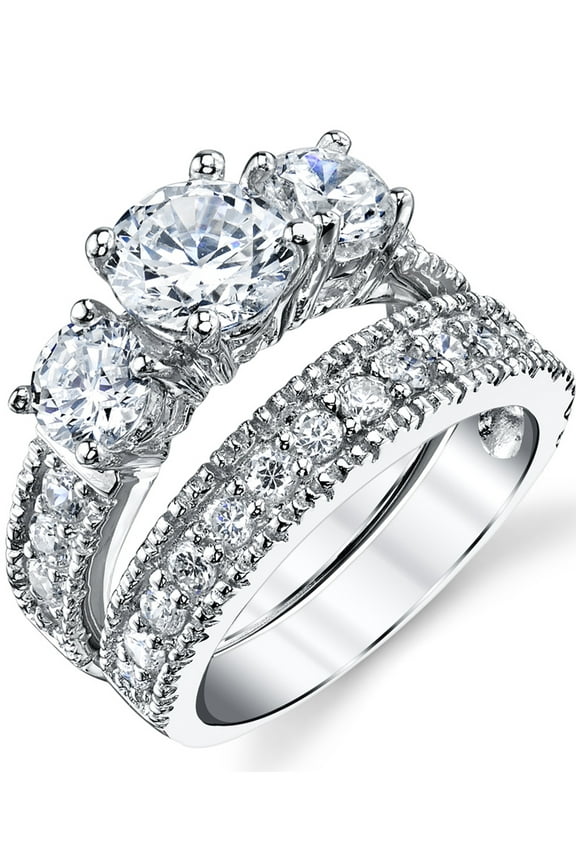 Womens 3.4Ct. Sterling Silver Past Present Future 2Pc Bridal Set Engagement Wedding Ring Cubic Zirconia