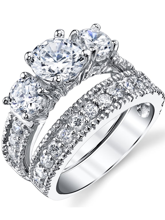 Womens Past Present Future Bridal Set 3.4Ct.Engagement Wedding Ring Sterling Silver 925 Cubic Zirconia