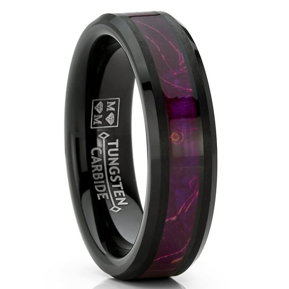 Metal Masters Womens Tungsten Fashion Ring Purple Fuchsia Wood Inlay Wedding Band Black 6mm