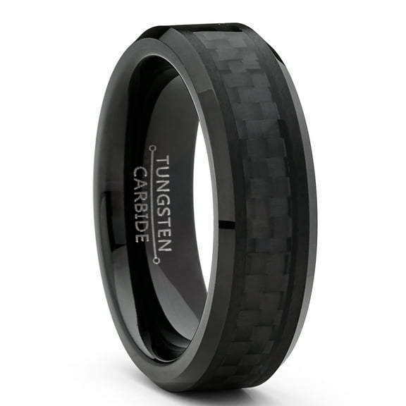 Metal Masters Womens Unisex Black Tungsten Carbide Wedding Engagement Ring Black Carbon Fiber Inlay 6mm 10.5