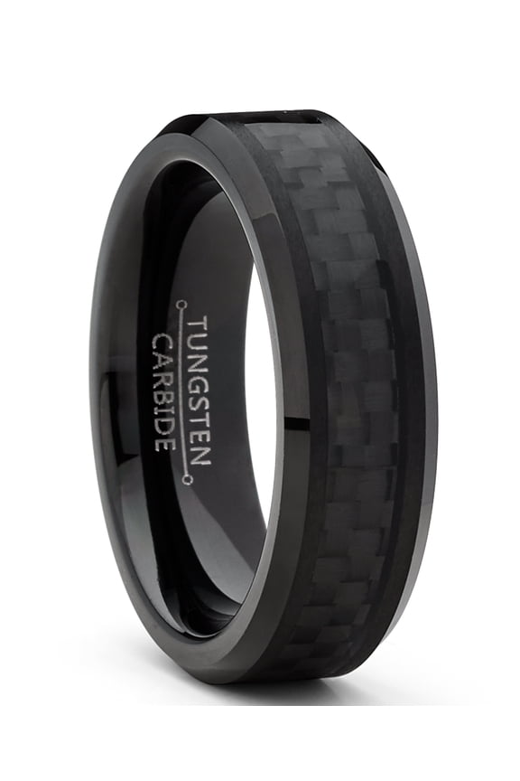 Womens Unisex Black Tungsten Carbide Wedding Engagement Ring Black Carbon Fiber Inlay 6mm 10.5