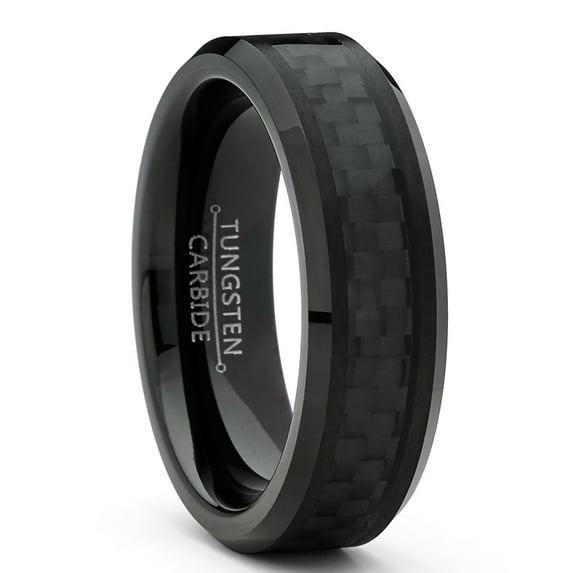Metal Masters Womens Unisex Black Tungsten Carbide Wedding Engagement Ring Black Carbon Fiber Inlay 6mm 6