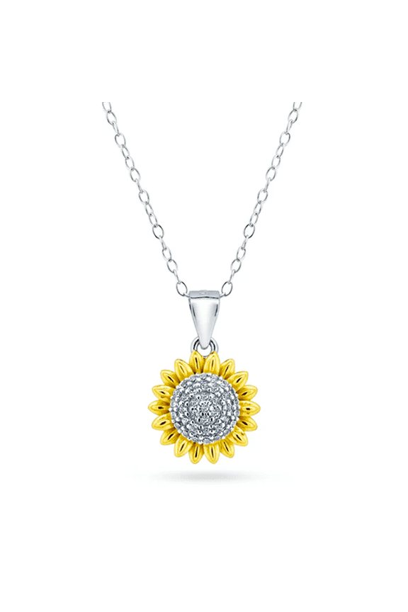 Womens 14K Gold Plated Sun Flower Pendant Necklace Cubic Zirconia Two-Tone Adjustable Chain 16-18in