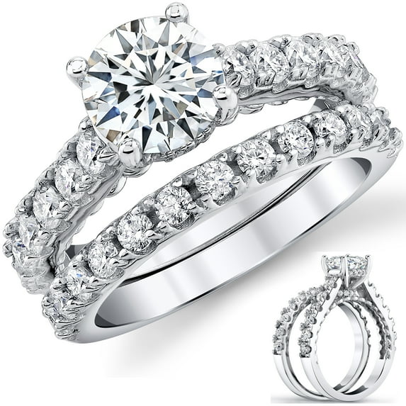 Metal Masters Womens 3.3Ct Round Moissanite Cathedral Style Wedding Ring Under-Halo Bridal Set 18K White Gold Plated Silver