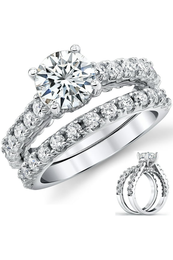 Womens 3.3Ct Round Moissanite Cathedral Style Wedding Ring Under-Halo Bridal Set 18K White Gold Plated Silver