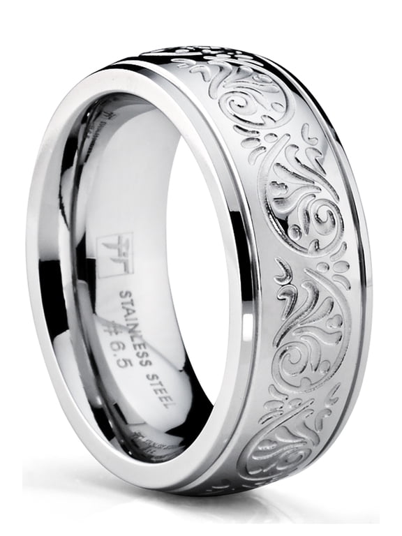 Womens Engraved Florentine Stainless Steel Ring Band 7MM
