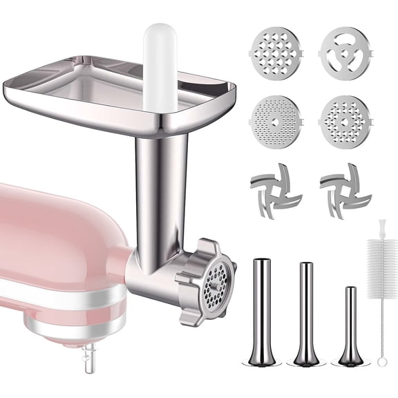Metal Meat Grinder Attachment for KitchenAid Stand Mixers, Food Grinder Attachment Includes 4 Grinding Plates, 3 Sausage Stuffer Tubes, 2 Grinding Blades, Grinder and Sausage Stuffer