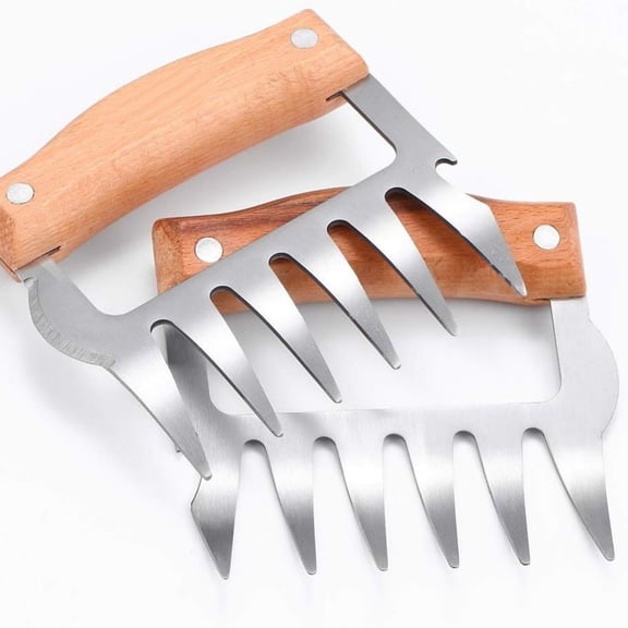 Metal Meat Shredder Claws Set of 2, Stainless Steel Pulled Pork BBQ Forks with Wood Handle For Shredding, Smoker Cooking, Handling, Lifting,Barbecue Grilling,Carving Turkey,Chicken,Brisket