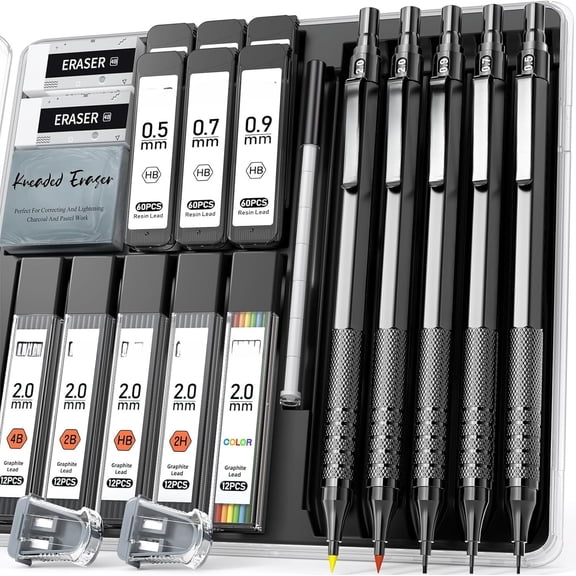 Metal Mechanical Pencil Set, 3 count Art Drafting Pencils 0.5, 0.7, 0.9MM & 2 count 2MM Mechanical Drawing Pencils with 420 count Leads (4B 2B HB 2H Color) for Writing Sketching Drawing (Black)