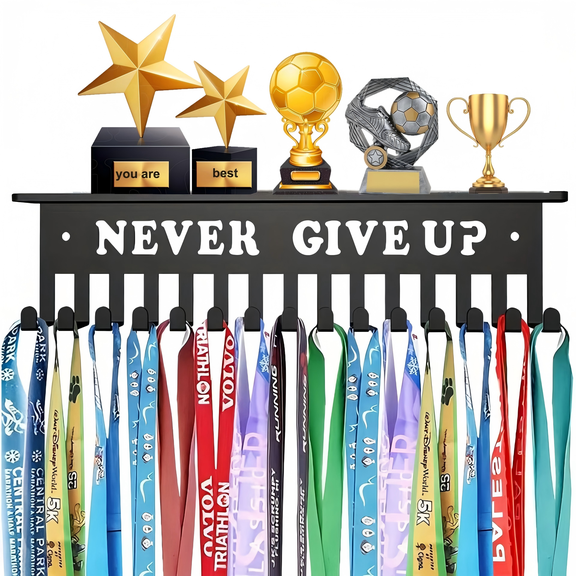 Metal Medal Hanger Display, Non-Slip Trophy Shelf with 15 Hooks, Wall Mount Heavy Duty Non-Bent Holds 22-33lbs, for Gymnastics Race Soccer Swim